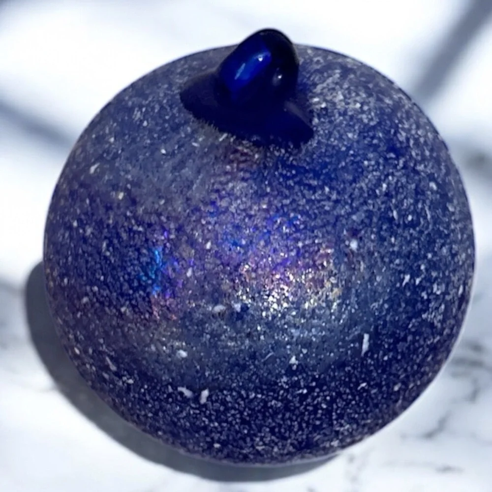Crate & Barrel Colbalt Blue Frosted Hand Blown Art Glass Ball Ornament Decor